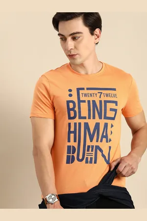 Being Human Men Orange & Blue Typography Printed Pure Cotton T-shirt