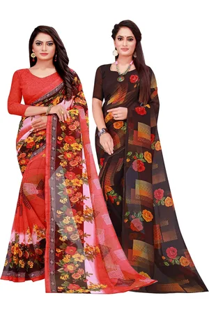 Kalini Red & Brown Floral Printed Pure Georgette Saree Pack Of 2