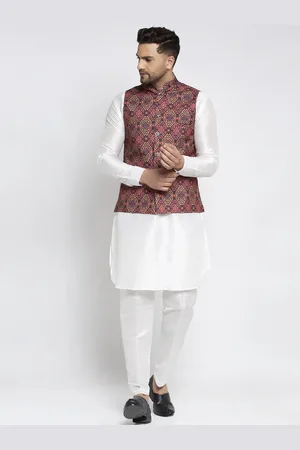 Kaifoo Men White Floral Printed Kurta with Pyjamas