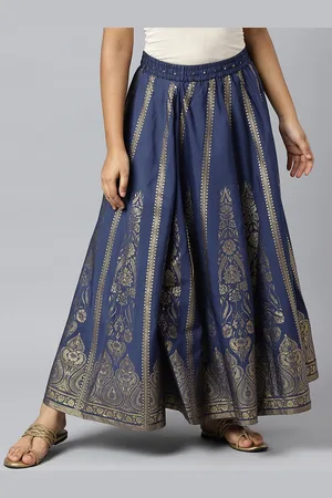 Elleven Women Navy-Blue & Golden Printed Flared Maxi Skirt