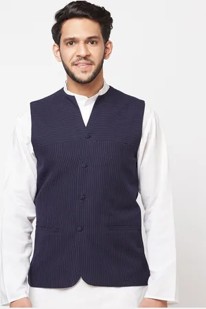 Fabindia Men Dark Blue Solid Pure Cotton Slim-Fit Bana Nehru Jacket