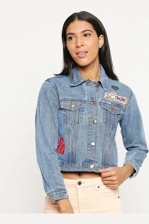 LOVEGEN Women Blue Washed Crop Denim Jacket with Embroidered