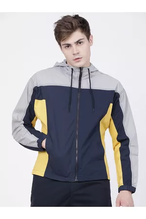 LocoMotive Men Navy Blue & Grey Colourblocked Hooded Tailored Cotton Jacket