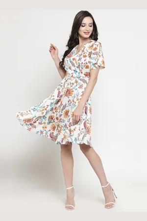 Sera Women Off-White & Blue Printed Wrap Dress