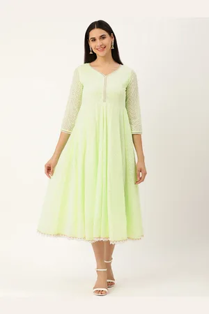SWAGG INDIA Green & White Chikankari Georgette Ethnic A-Line Midi Dress