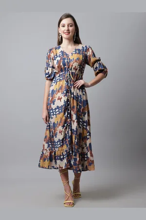 CANTABIL Mustard Yellow & Navy Blue Printed Georgette A-Line Midi Dress