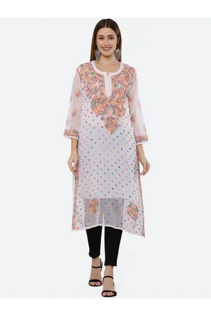 FAWOMENT Women White & Yellow Ethnic Motifs Embroidered Chikankari Georgette Kurta
