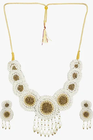Cardinal White & Gold-Toned Beaded Weaving Necklace Set