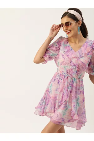 Antheaa Women Pink & Purple Printed Frilled Mini Fit and Flare Dress
