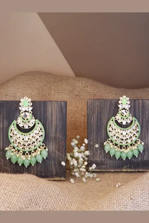 I Jewels Green Contemporary Beaded Chandbalis Earrings