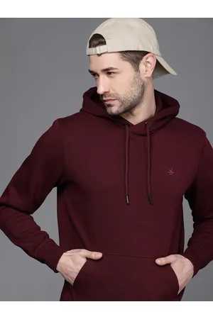 WROGN Men Maroon Solid Hooded Sweatshirt