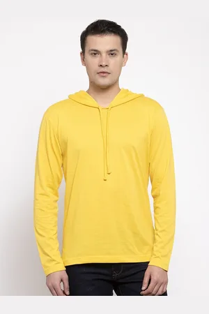 Friskers Men Yellow Solid Cotton Long Sleeves Hooded T-shirt