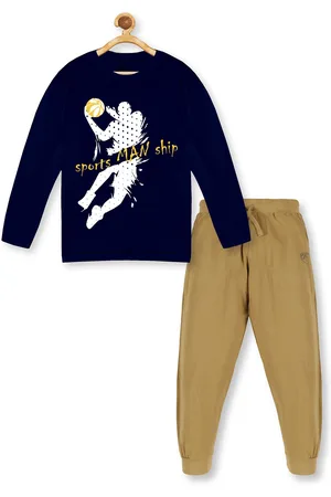 KiddoPanti Boys Navy Blue & Khaki Printed Pure Cotton T-shirt with Trousers