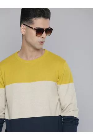 Flying Machine Men Yellow & Beige Colourblocked Pure Cotton Pullover