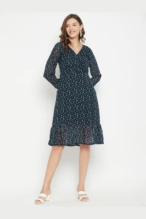 Color Cocktail Navy Blue Floral Printed Georgette Dress