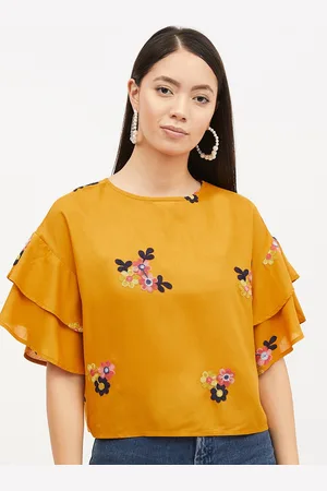 Harpa Women Mustard Yellow Embroidered Pure Cotton Top