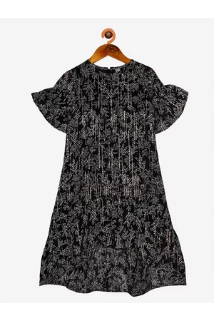 KiddoPanti Girls Black Petals Printed Layered A-Line Dress