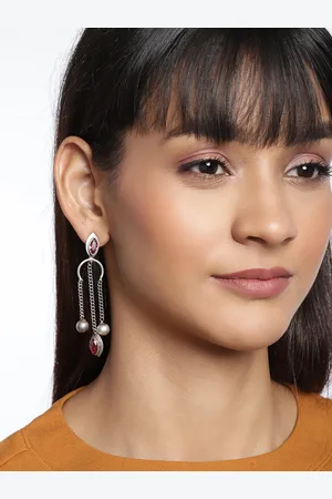 Binnis Wardrobe Silver-Plated & Red Contemporary Oxidised Drop Earrings