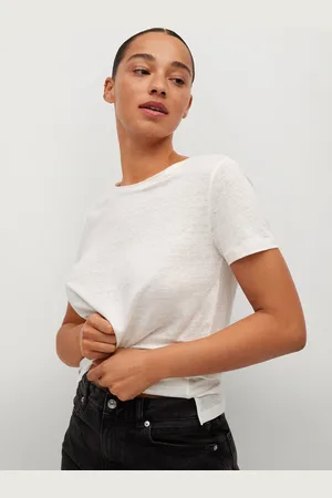 MANGO Women White Linen T-shirt