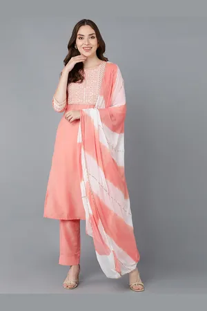 Ahika Women Pink Embroidered High Slit Kurti with Trousers & With Dupatta