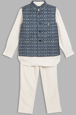Blue Giraffe Teen Boys Off White & Blue Baandhgala Set