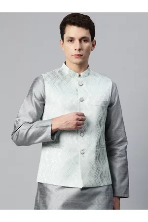 MANQ Men Green Ethnic Motifs Jaquard Woven Design Nehru Jacket
