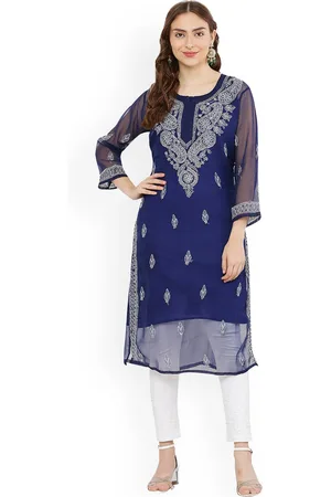 FAWOMENT Women Navy Blue Ethnic Motifs Embroidered Flared Sleeves Thread Work Handloom Georgette Kurta