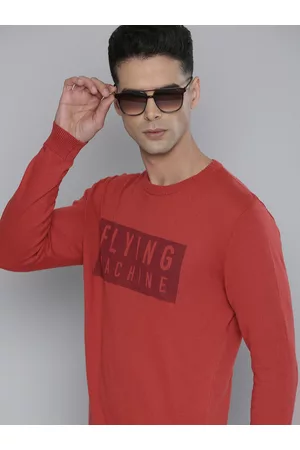 Flying Machine Men Rust Red Brand Logo Printed Pure Cotton Pullover