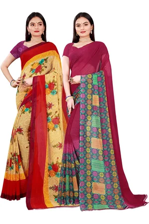 Kalini Pack Of 2 Women Beige & Maroon Printed Pure Georgette Saree With Unstitched Blouse