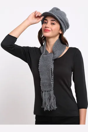 Loom Legacy Women Grey Acrylic Wool Ascot Cap With Muffler