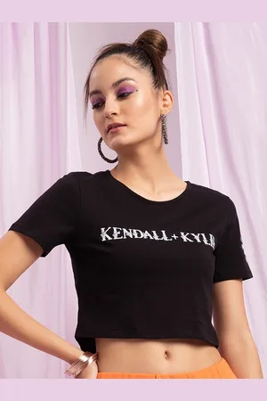 KENDALL + KYLIE Women Black Typography Slim Fit Cotton T-shirt