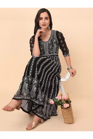 HERE&NOW HERENOW Women Chikankari Embroidered Thread Work Georgette Anarkali Kurta