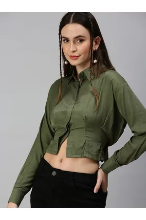 SHOWOFF Women Olive Green Solid Shirt Style Top