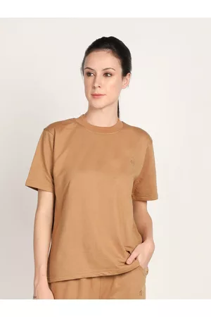 CHKOKKO Women Camel Brown Outdoor T-shirt