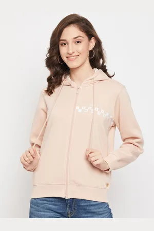 MADAME Women Plus Size Peach-Coloured Solid Hooded Sweatshirt