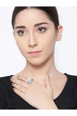 Priyaasi Grey & Gold-Toned Silver-Plated Enamelled Elasticated Ring