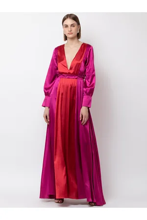 DODO & MOA Women Pink & Red Solid Cuff Sleeves Maxi Dress