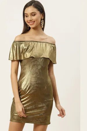 DODO & MOA Women Gold-Toned Off-Shoulder Solid Bodycon Dress