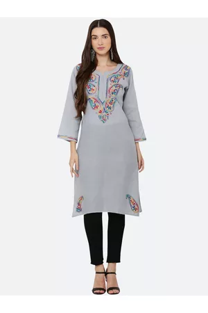 FAWOMENT Women Grey Embroidered Thread Work Handloom Kurta