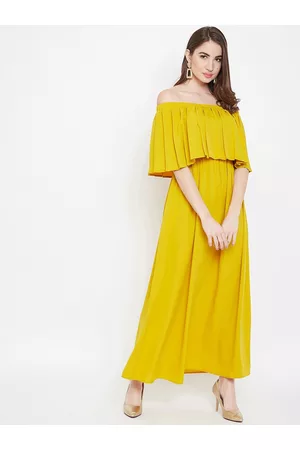 Berrylush Yellow Off-Shoulder Layered Crepe Maxi Dress