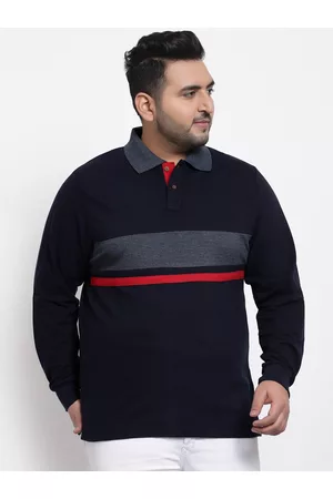Kalt Men Plus Size Navy Blue Striped Polo Collar T-shirt