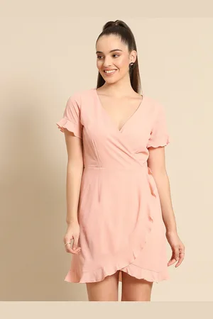 DODO & MOA Women Peach Solid Tulip Mini Wrap Dress