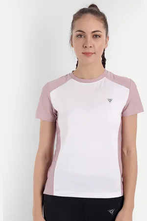 DEB Women White & Mauve Colourblocked Regular Fit T-shirt