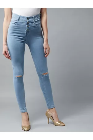 DOLCE CRUDO Women Blue Skinny Fit High-Rise Slash Knee Stretchable Jeans