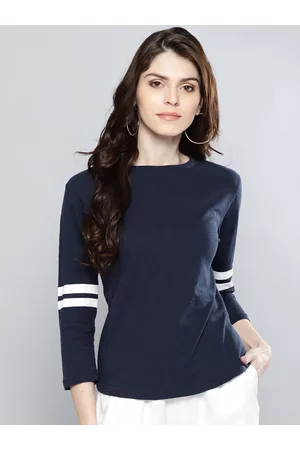 Harpa Women Navy Blue Solid Round Neck T-shirt