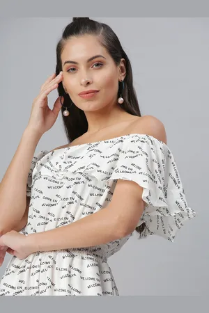 SHOWOFF Women White & Black Off-Shoulder Printed Cotton Culotte Jumpsuit