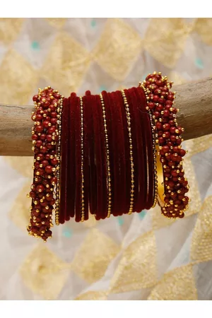 Shining Diva Set Of 23 Gold-Plated Maroon Stone-Studded & Beaded Bangles