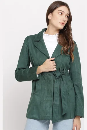 Latin Quarters Women Green Solid Over Coat With Belt