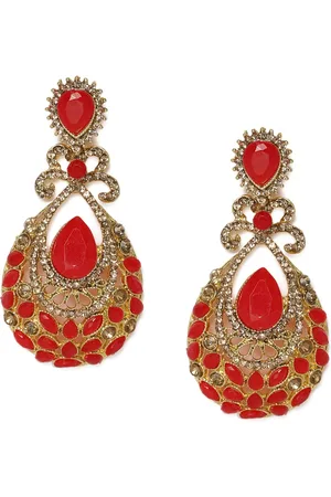 Kord Store Red Gold-Plated Studded Teardrop Shaped Drop Earrings