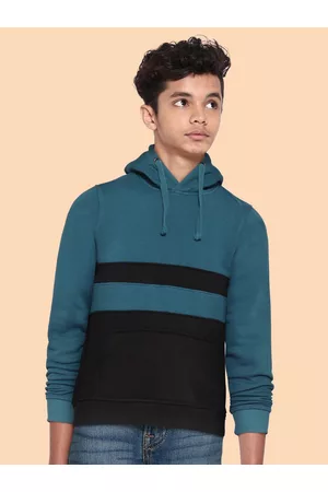 Roadster Boys Teal Green & Black Colourblocked Hooded Sweatshirt